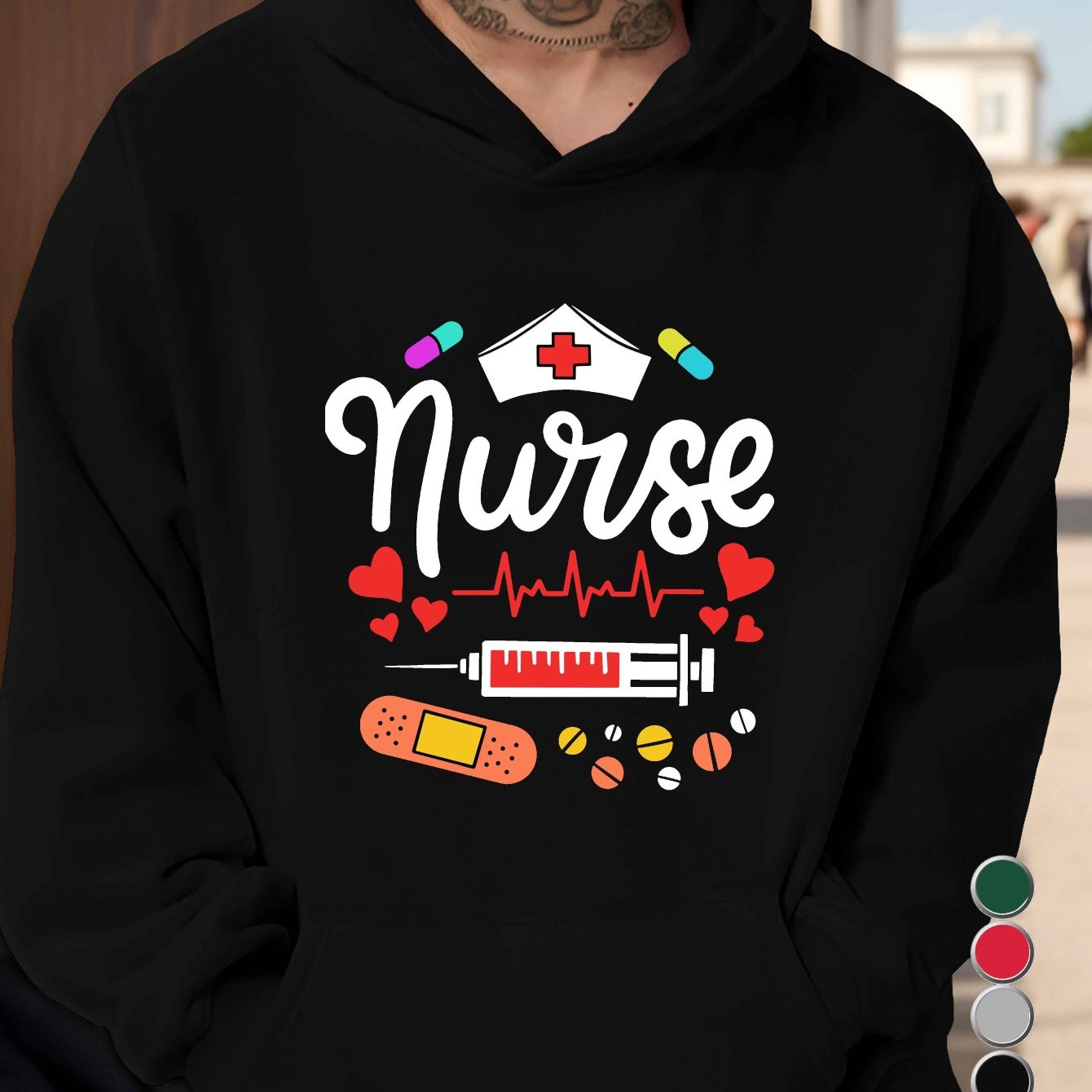 [1pc Plus Size Nurse Sweatshirt] [1pc Nurse Print Hooded Sweatshirt] 1pc Plus Size Men'S Casual Nurse Print Hooded Sweatshirt, 100% Polyester, Relaxed Fit, Non-Stretch, 250g/m² Knit Fabric, Printed Design
