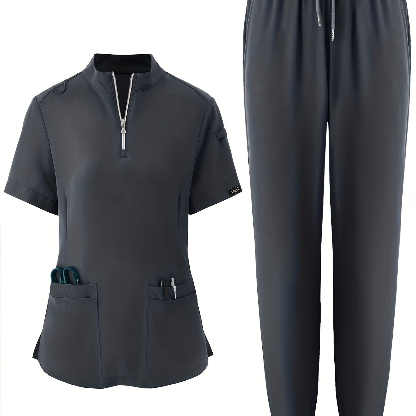 Solid Color Modern Scrub Set, Short Sleeve 2 Pockets Scrub Top + Drawstring Waist Scrub Bottoms, Breathable & Comfortable Health Care Uniform For Doctor, Nurse, Physician, Dentist, Women's Work Clothing