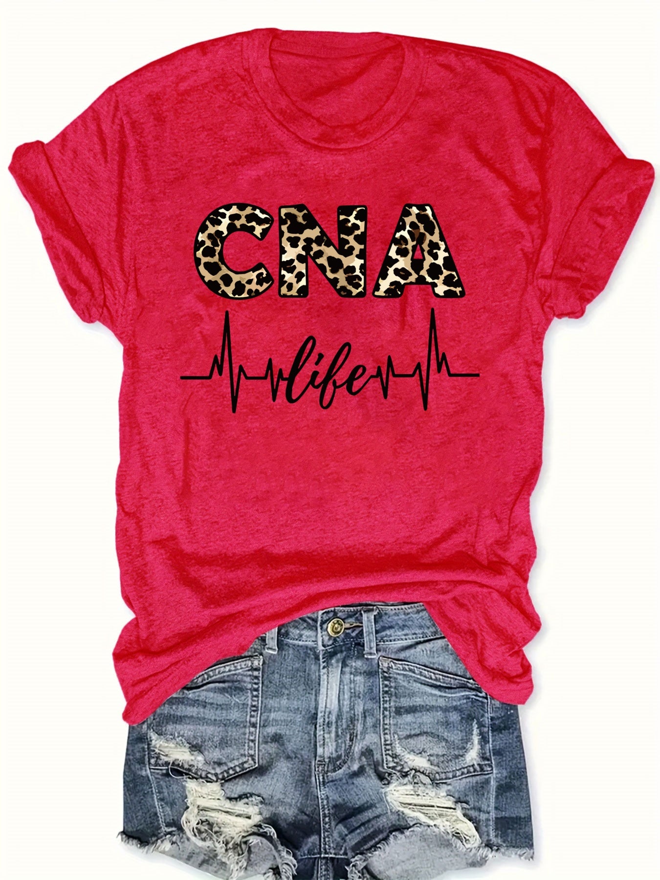 Women'S Casual CNA Graphic Tee - Red Crew Neck T-Shirt with Leopard Print "CNA" Design & Heartbeat Line, All-Season Fashion, Casual Wear|Leopard Print Top|Comfortable Fit, Nurses Shirt