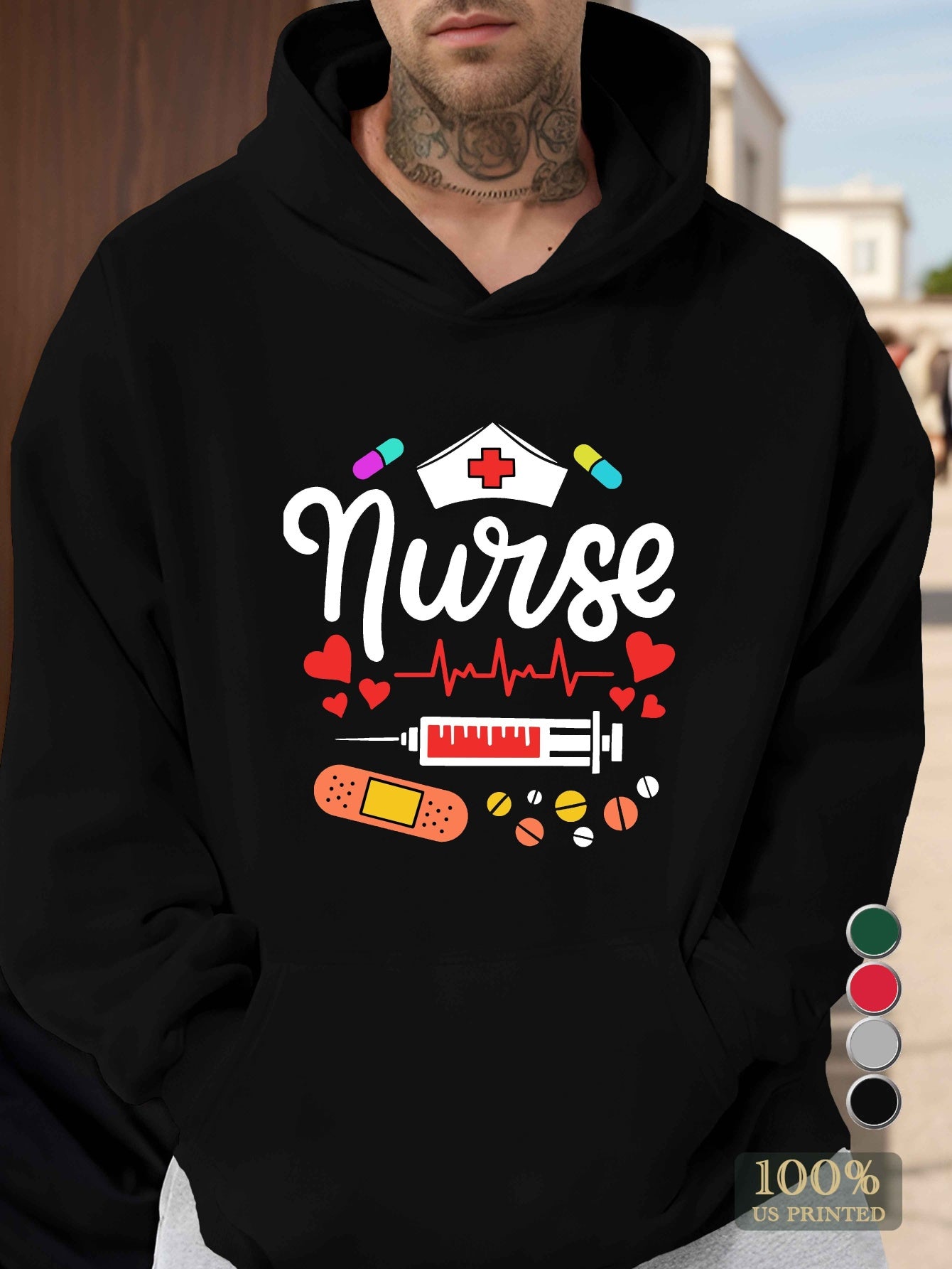 [1pc Plus Size Nurse Sweatshirt] [1pc Nurse Print Hooded Sweatshirt] 1pc Plus Size Men'S Casual Nurse Print Hooded Sweatshirt, 100% Polyester, Relaxed Fit, Non-Stretch, 250g/m² Knit Fabric, Printed Design