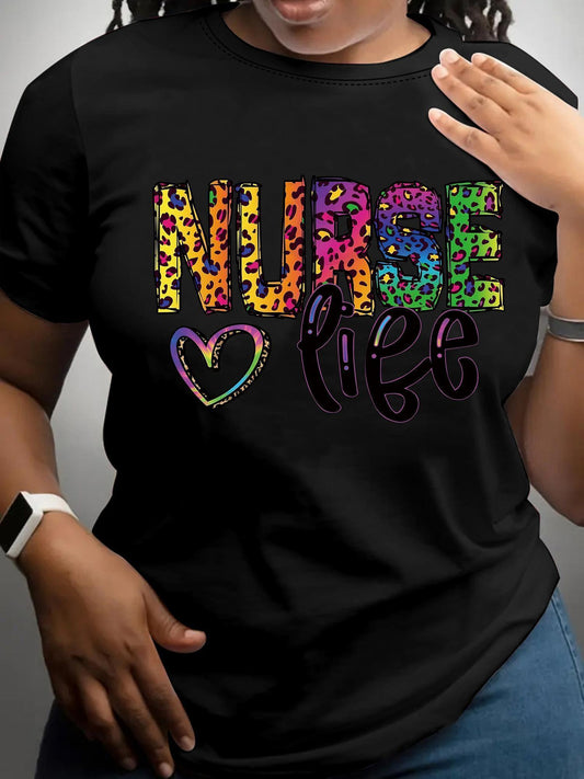 Women's Casual Nurse T-Shirt - 100% Cotton Crew Neck Short Sleeve Top with Alphabet Letter Print, All-Season Comfort, Machine Washable, Pink, Healthcare Worker Apparel | Relaxed Fit Shirt | Comfortable Tshirt