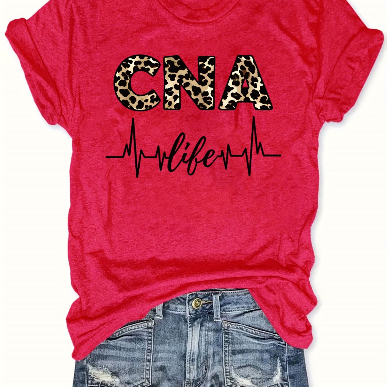 Women'S Casual CNA Graphic Tee - Red Crew Neck T-Shirt with Leopard Print "CNA" Design & Heartbeat Line, All-Season Fashion, Casual Wear|Leopard Print Top|Comfortable Fit, Nurses Shirt