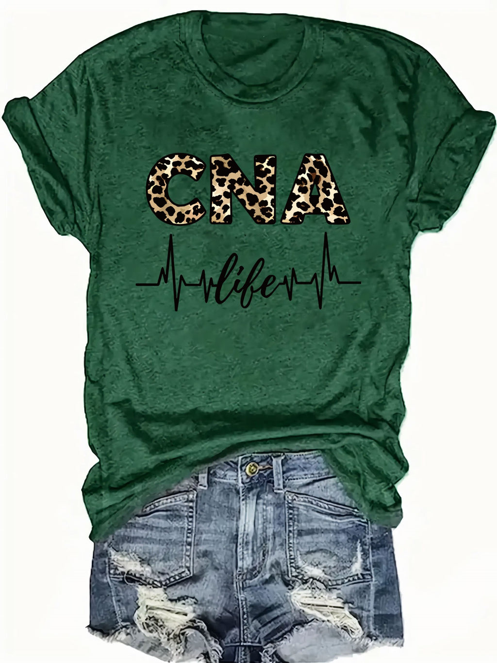 Women'S Casual CNA Graphic Tee - Red Crew Neck T-Shirt with Leopard Print "CNA" Design & Heartbeat Line, All-Season Fashion, Casual Wear|Leopard Print Top|Comfortable Fit, Nurses Shirt