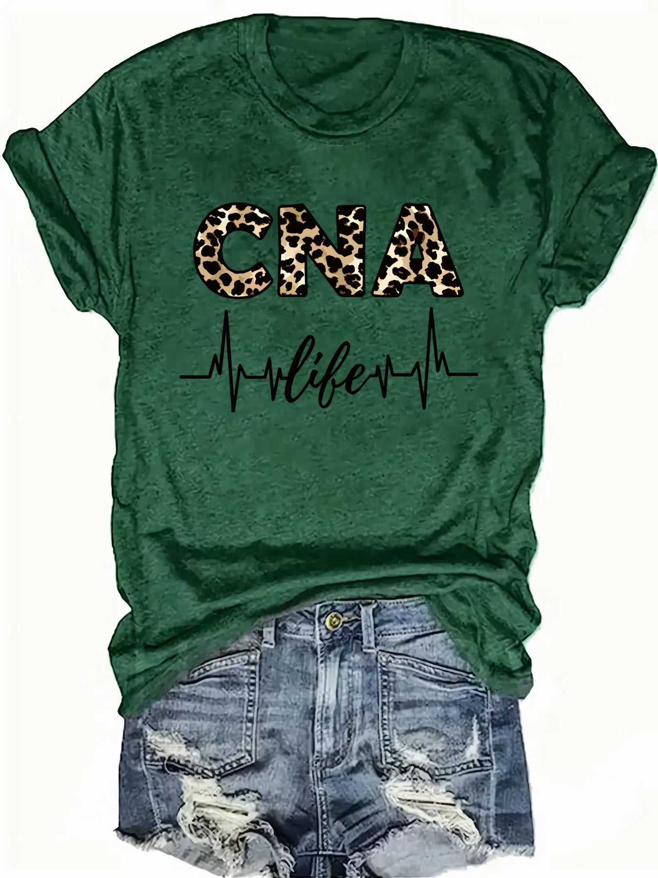 Women'S Casual CNA Graphic Tee - Red Crew Neck T-Shirt with Leopard Print "CNA" Design & Heartbeat Line, All-Season Fashion, Casual Wear|Leopard Print Top|Comfortable Fit, Nurses Shirt