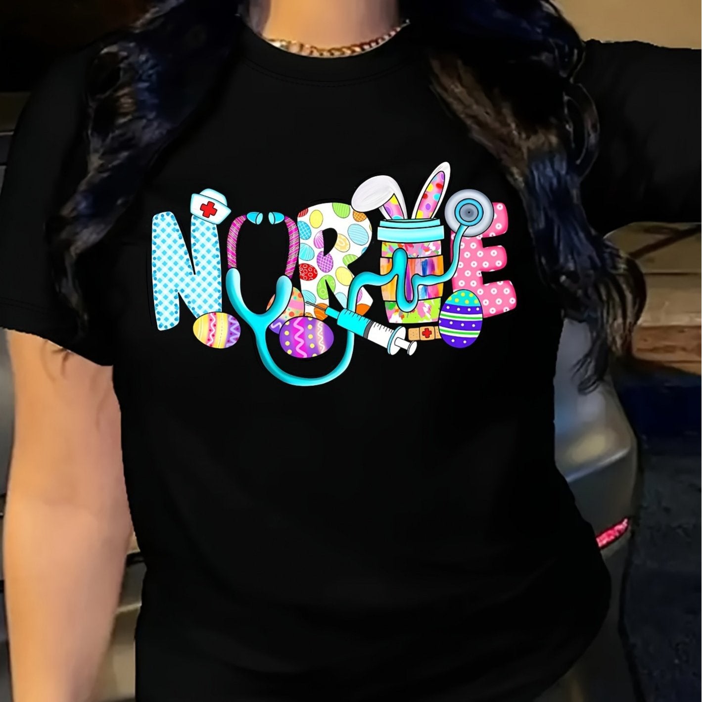 Women's Easter Nurse Graphic T-Shirt - Black Short Sleeve Crew Neck, Colorful Medical Themed Print, Soft Casual Top for Spring & Summer