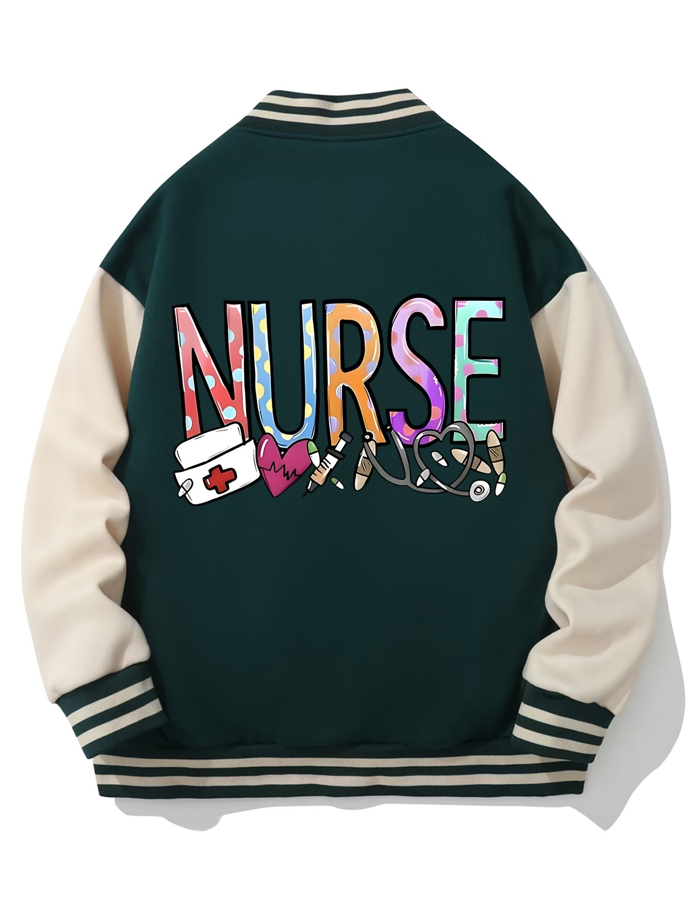 Women's "NURSE" Varsity Jacket - Colorful Lettering & Symbols, Casual Polyester, Button-Up with Striped Collar, Machine Washable