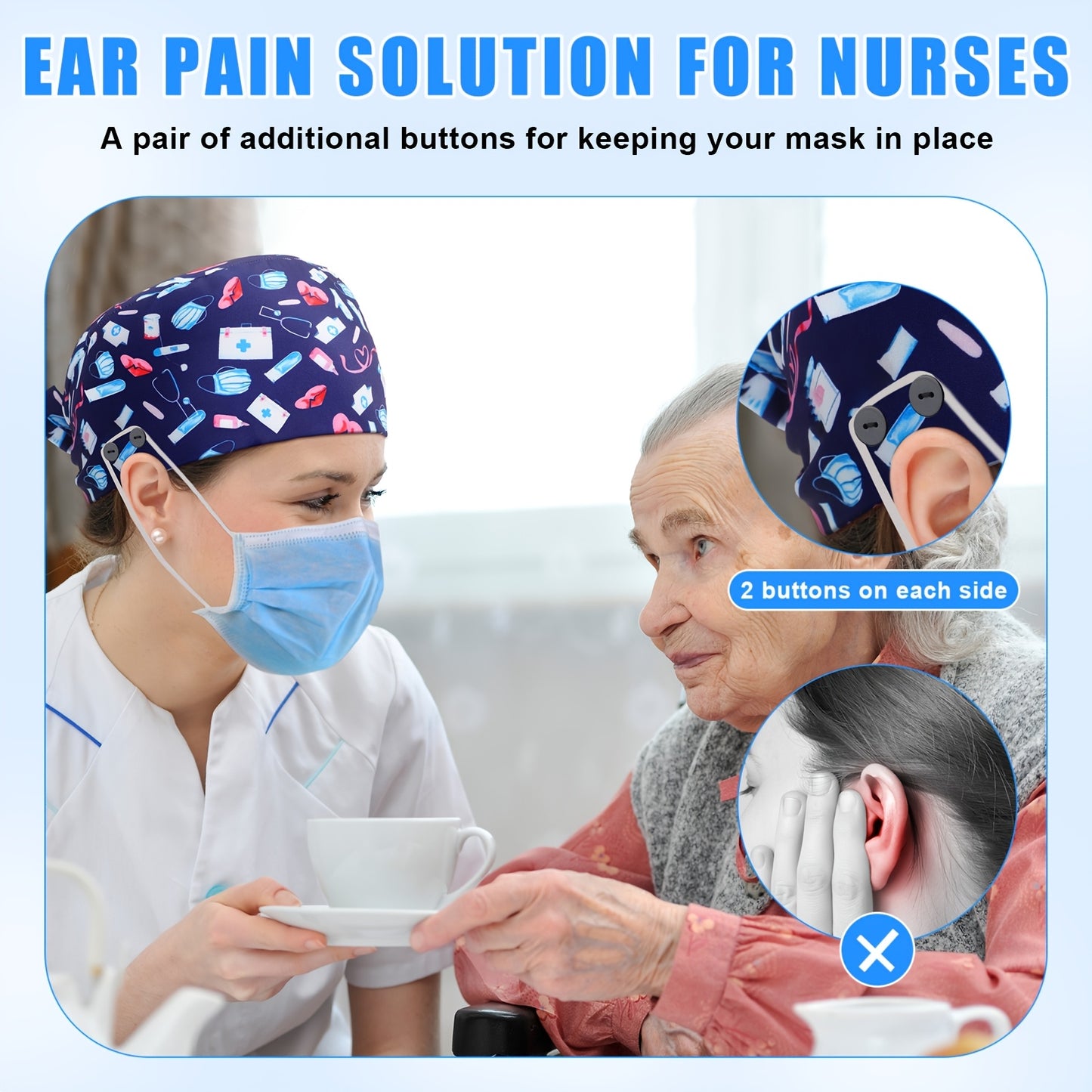 4pcs Adjustable Nurse Scrub Caps with Button & Sweatband - Elastic, Multicolor Working Hats for Women, Heart Design, Working Caps, Nurse Hats