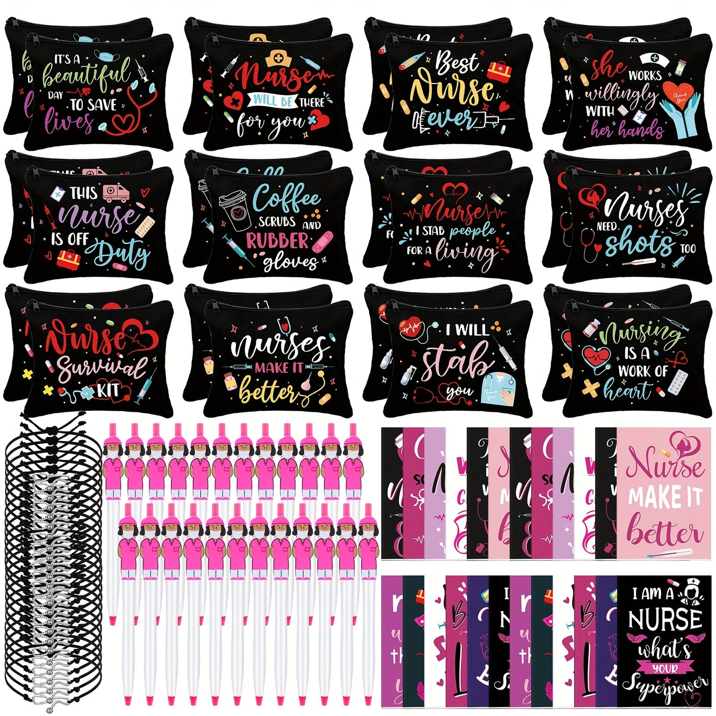 96 Pcs Nurse Appreciation Christmas Gifts Set 24 Nurse Makeup Cosmetic Bag 24 Pocket Journal 24 Doctor Nurse Ballpoint Pen 24 Stethoscope Bracelet For Nursing Students School Practitioner Gifts