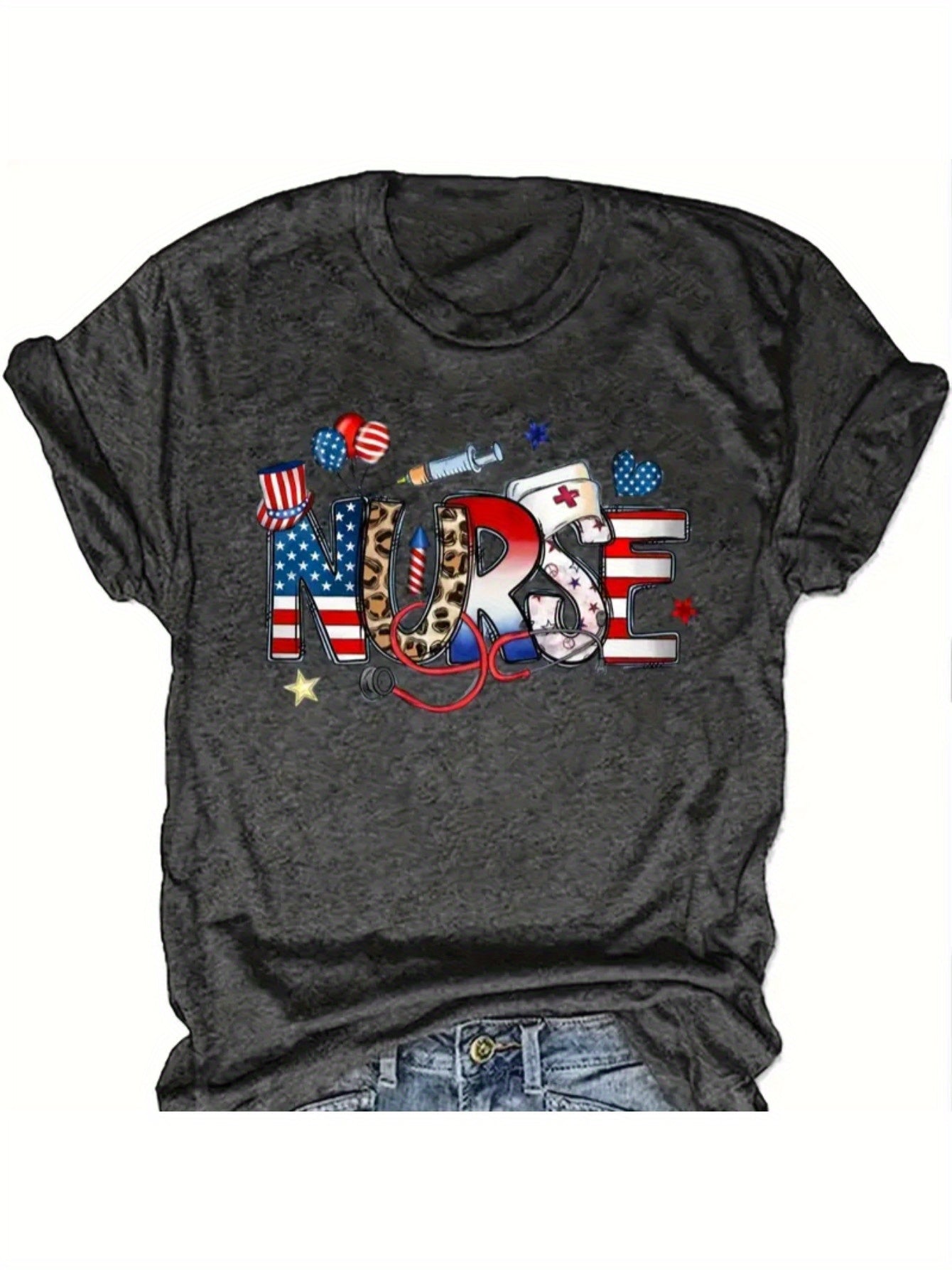 Crew Neck T-Shirt - Fashionable Womens American Nurse Memorial Day Gift Graphic Print T-Shirt - Casual Short Sleeve Crew Neck Top - Lightweight & Breathable for Spring & Summer Wardrobe