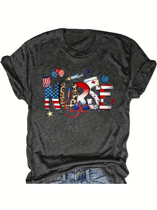 Crew Neck T-Shirt - Fashionable Womens American Nurse Memorial Day Gift Graphic Print T-Shirt - Casual Short Sleeve Crew Neck Top - Lightweight & Breathable for Spring & Summer Wardrobe