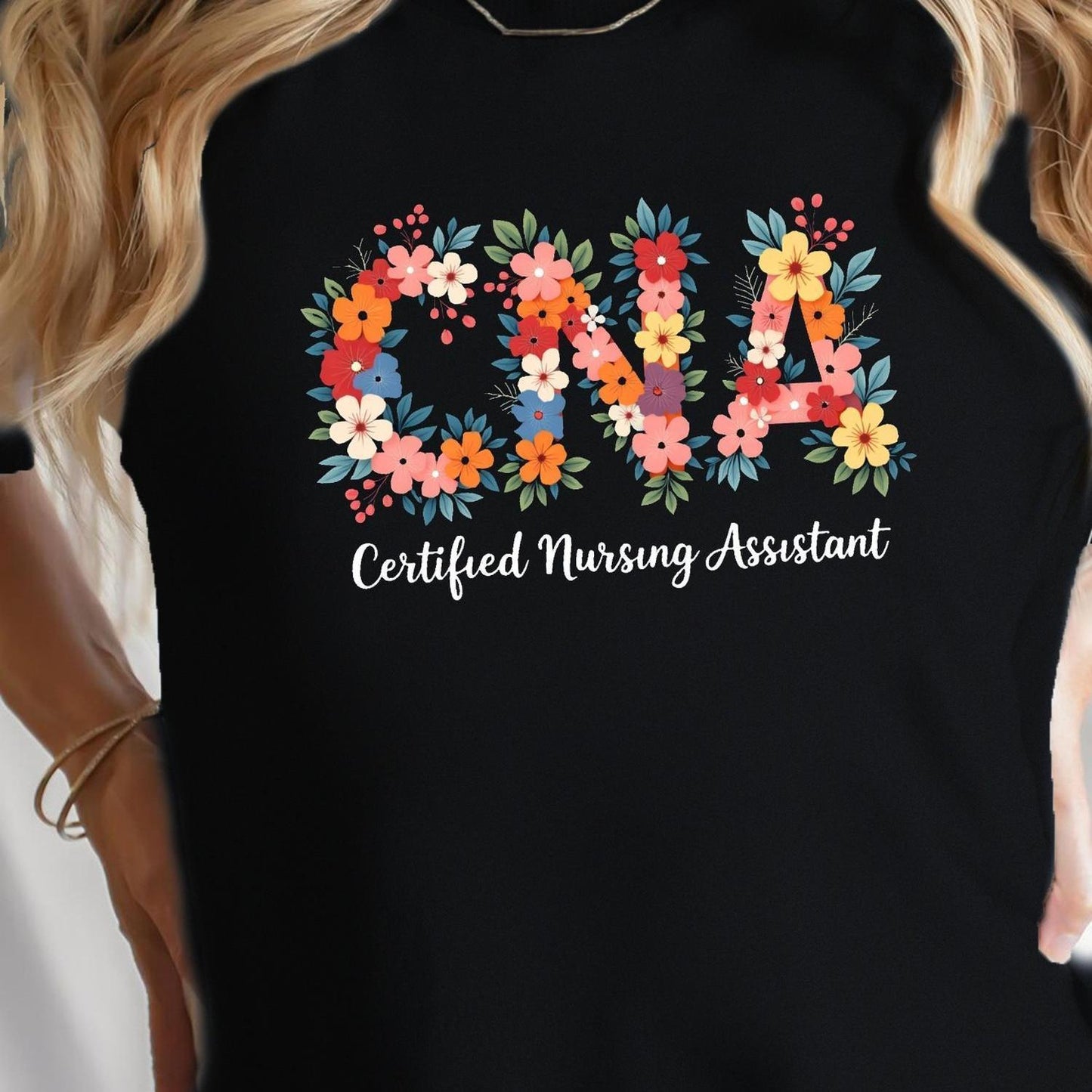 Women's Navy Blue Floral CNA T-Shirt - Certified Nursing Assistant Design, Comfortable Fit, Short Sleeve Round Neck Blouse for Nurses, Casual Style, 180g Pure, Everyday Comfort