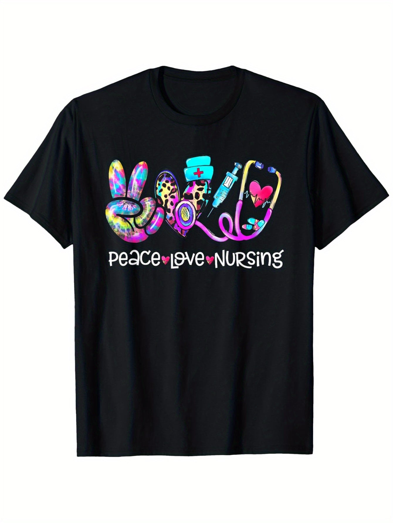 Peace Love Nursing Leopard Heart Stethoscope Nurse Life T-Shirt, 100% Cotton, Fabric Weight 180g, Gift for Men Women Friends Family, S-XXXL, Black