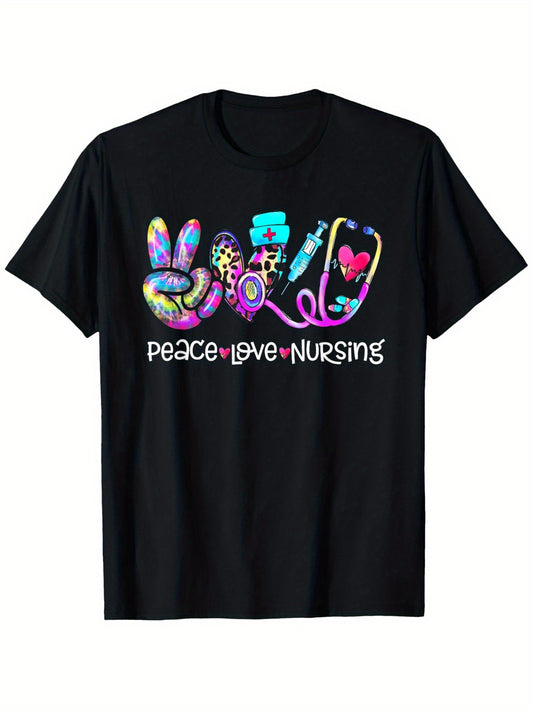 Peace Love Nursing Leopard Heart Stethoscope Nurse Life T-Shirt, 100% Cotton, Fabric Weight 180g, Gift for Men Women Friends Family, S-XXXL, Black