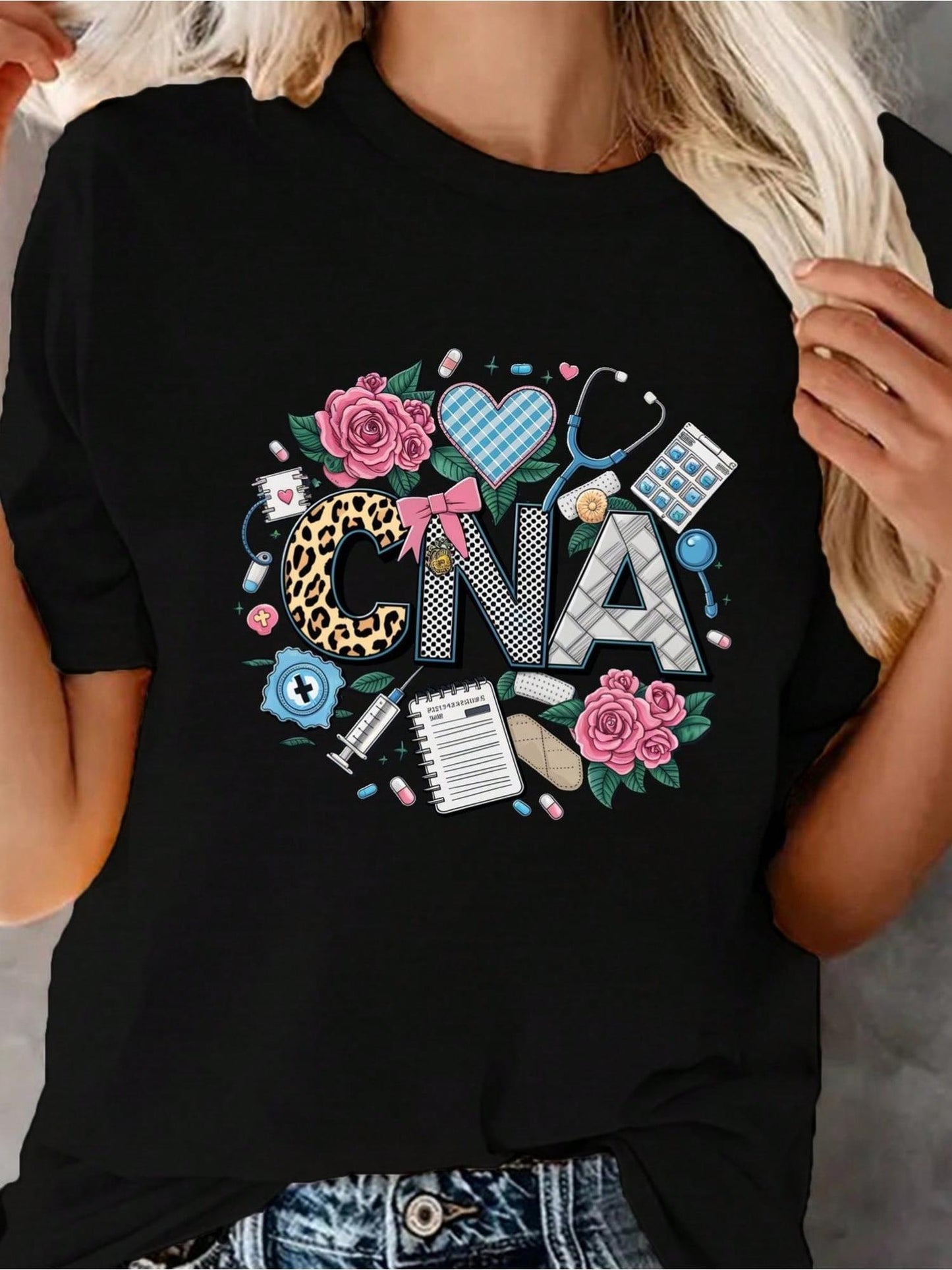 Women's CNA Medical Graphic T-Shirt - Casual Round Neck Short Sleeve Tee with Stethoscope, Rx, and Medical-Themed Print, Black, Everyday Apparel | Short Sleeve Shirt | Fabric