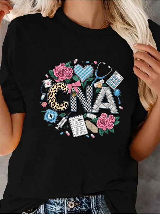 Women's CNA Medical Graphic T-Shirt - Casual Round Neck Short Sleeve Tee with Stethoscope, Rx, and Medical-Themed Print, Black, Everyday Apparel | Short Sleeve Shirt | Fabric