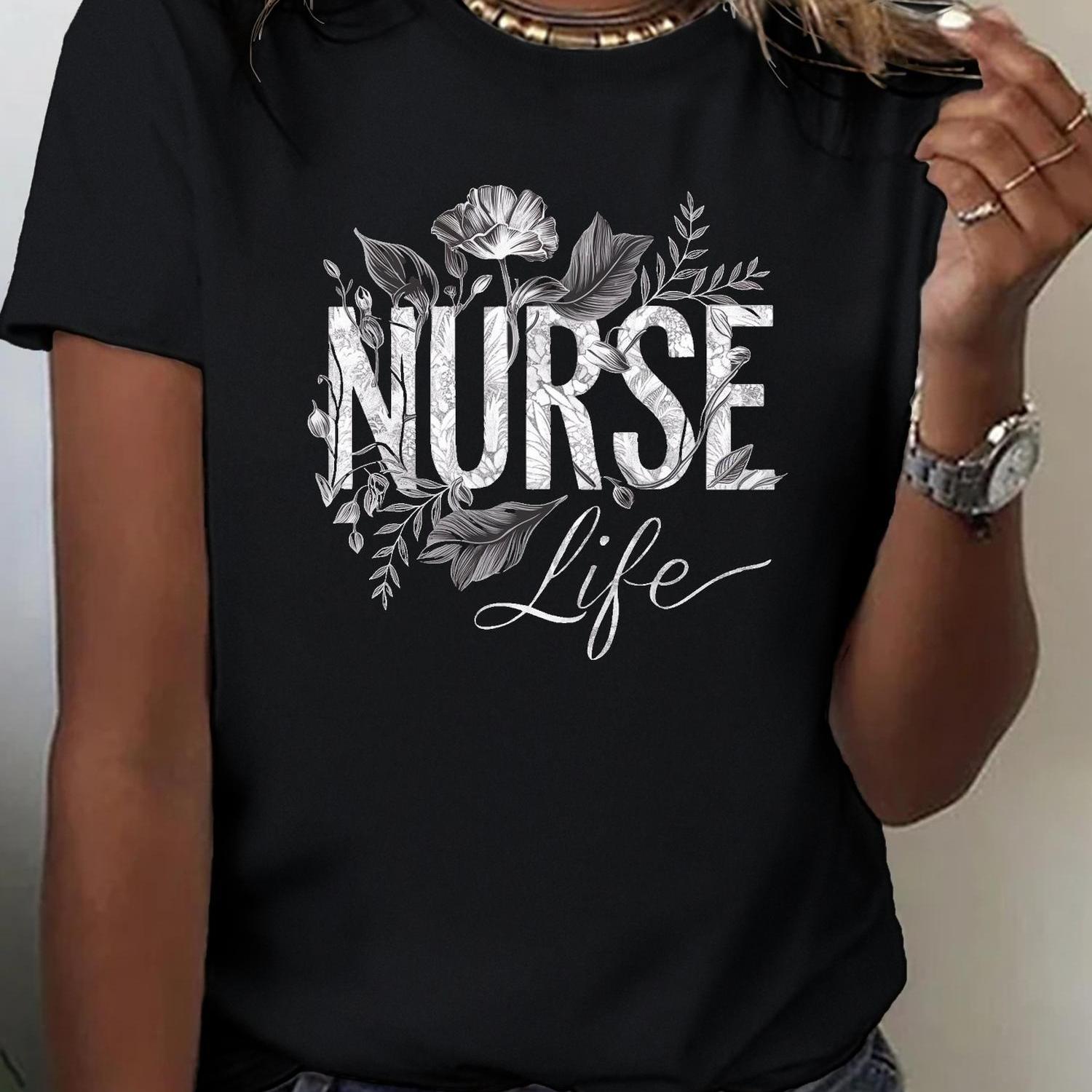 180g Women'S T-Shirt - Nurse Life Geometric Print, Casual Sporty Style, Short Sleeve Round Neck Top, Comfortable All-Season Tee, Perfect Gift for Nurses or Casual Attire, Nurse Accessories for Work, Best for Christmas