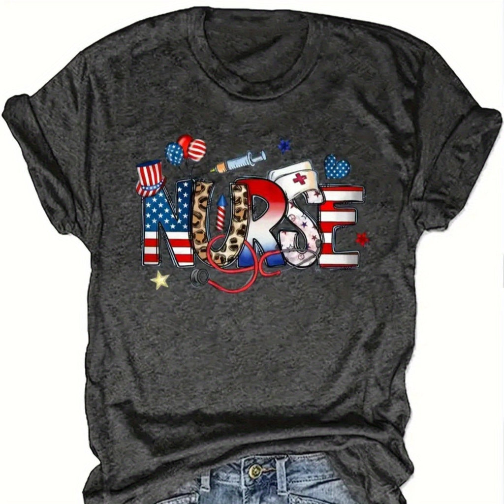 Crew Neck T-Shirt - Fashionable Womens American Nurse Memorial Day Gift Graphic Print T-Shirt - Casual Short Sleeve Crew Neck Top - Lightweight & Breathable for Spring & Summer Wardrobe