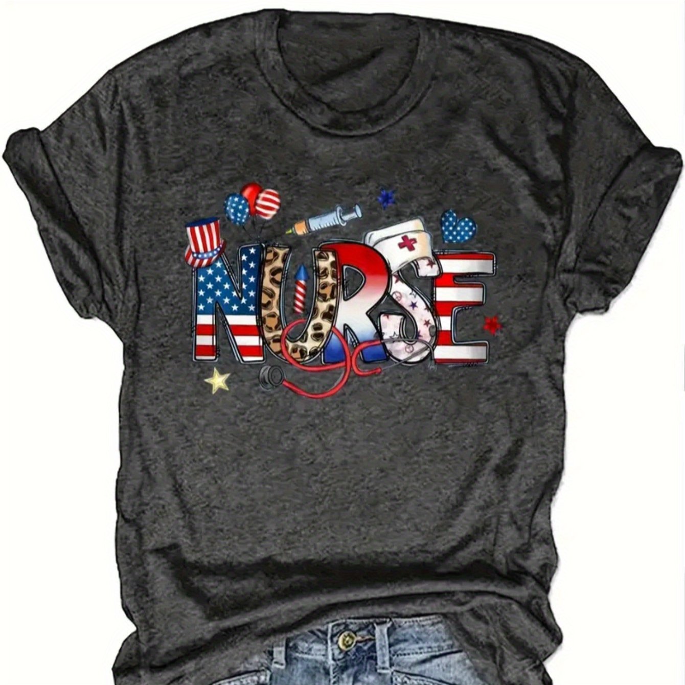 Crew Neck T-Shirt - Fashionable Womens American Nurse Memorial Day Gift Graphic Print T-Shirt - Casual Short Sleeve Crew Neck Top - Lightweight & Breathable for Spring & Summer Wardrobe