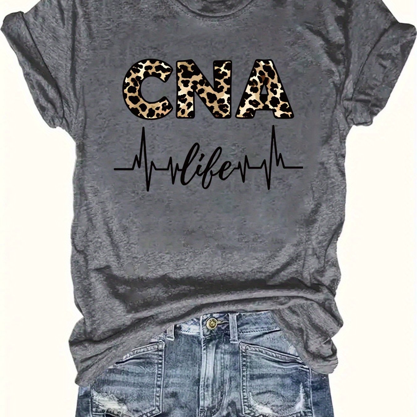 Women'S Casual CNA Graphic Tee - Red Crew Neck T-Shirt with Leopard Print "CNA" Design & Heartbeat Line, All-Season Fashion, Casual Wear|Leopard Print Top|Comfortable Fit, Nurses Shirt