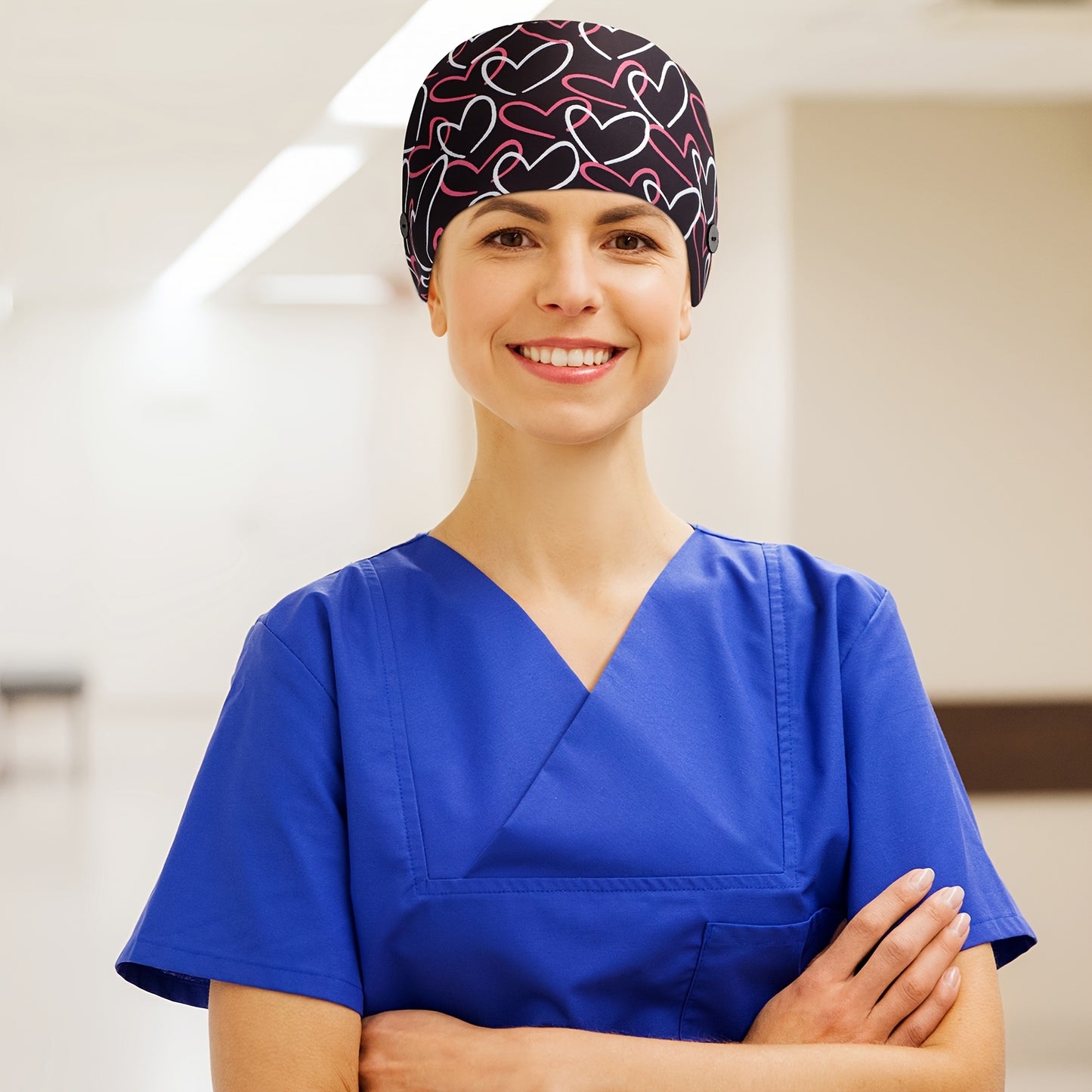 4pcs Adjustable Nurse Scrub Caps with Button & Sweatband - Elastic, Multicolor Working Hats for Women, Heart Design, Working Caps, Nurse Hats