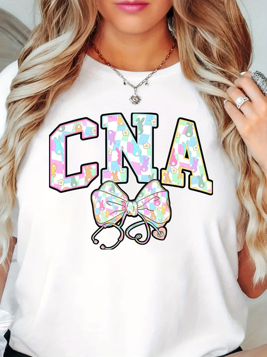 Women's CNA Nurse Bunny Graphic T-Shirt - 100%, Short Sleeve, Round Neck, Machine Washable, Playful Easter Design with Colorful Bunny Ears & Stethoscope, Spring/Summer Casual Tee for, Spring Fashion Top | Casual Round Neck |