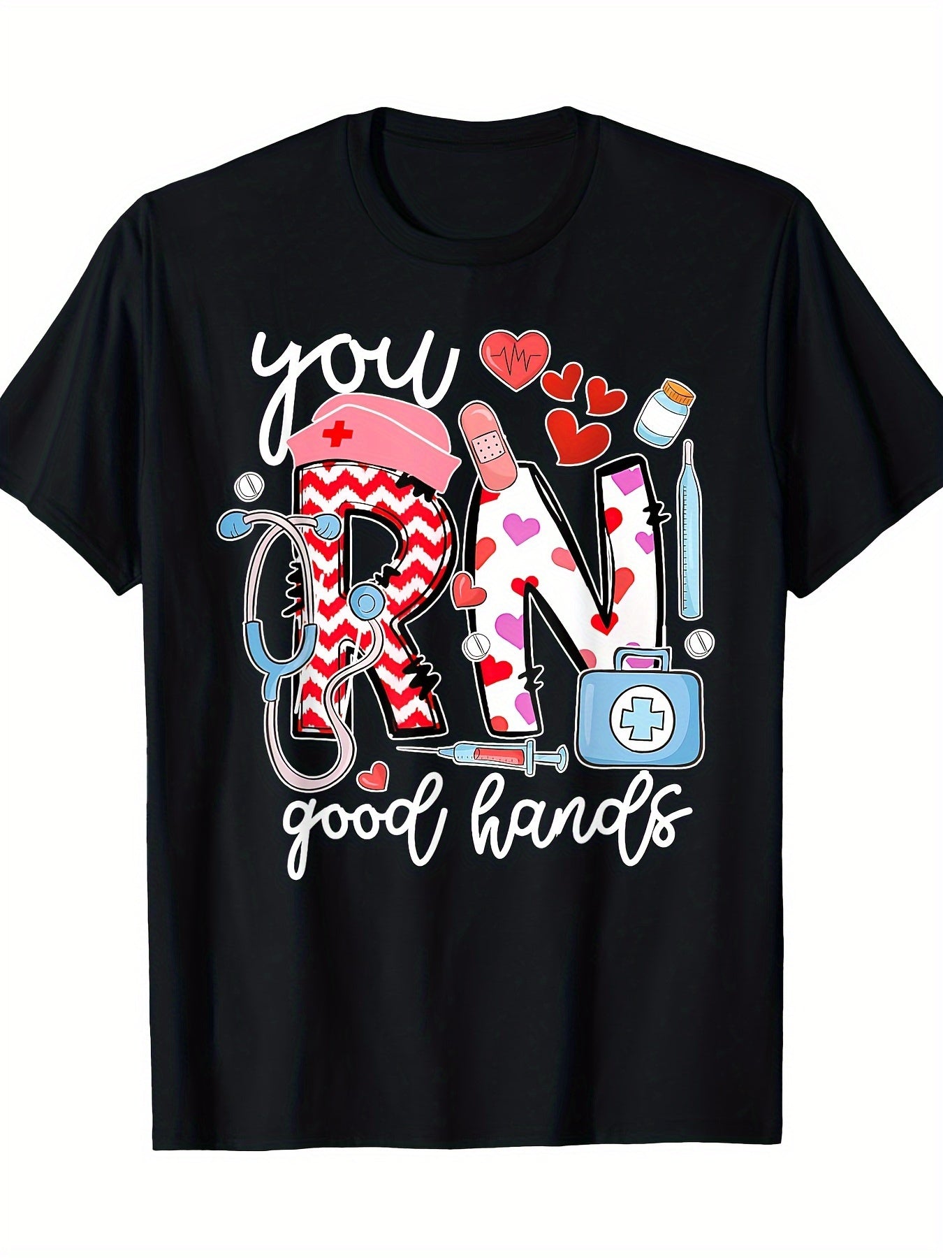 You RN Good Hands Cute Nurse Nursing Student Graduation T-Shirt-100% Cotton - 220g