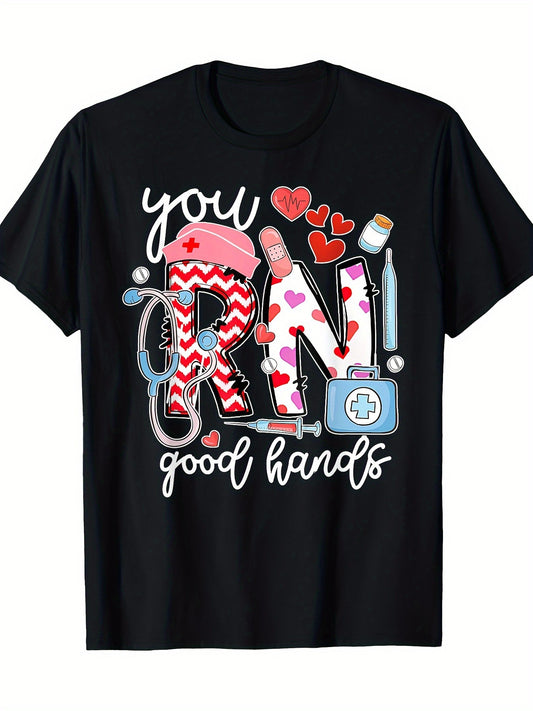 You RN Good Hands Cute Nurse Nursing Student Graduation T-Shirt-100% Cotton - 220g