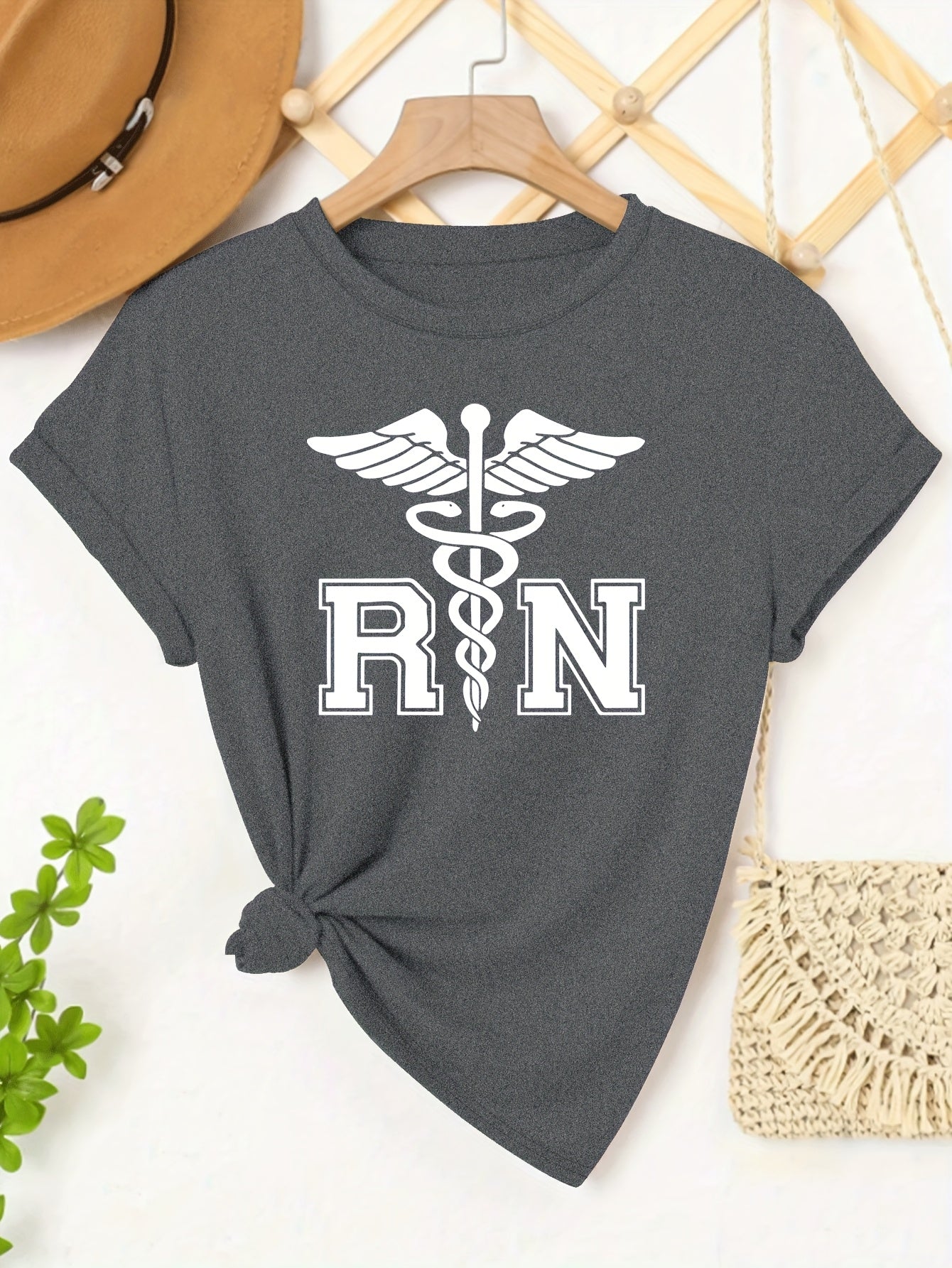 Women's Casual Nurse T-Shirt with RN Graphic - Black Short Sleeve, Round Neck, Machine Washable, Polyester Blend, Comfortable Casual Attire, Nurse Shirt