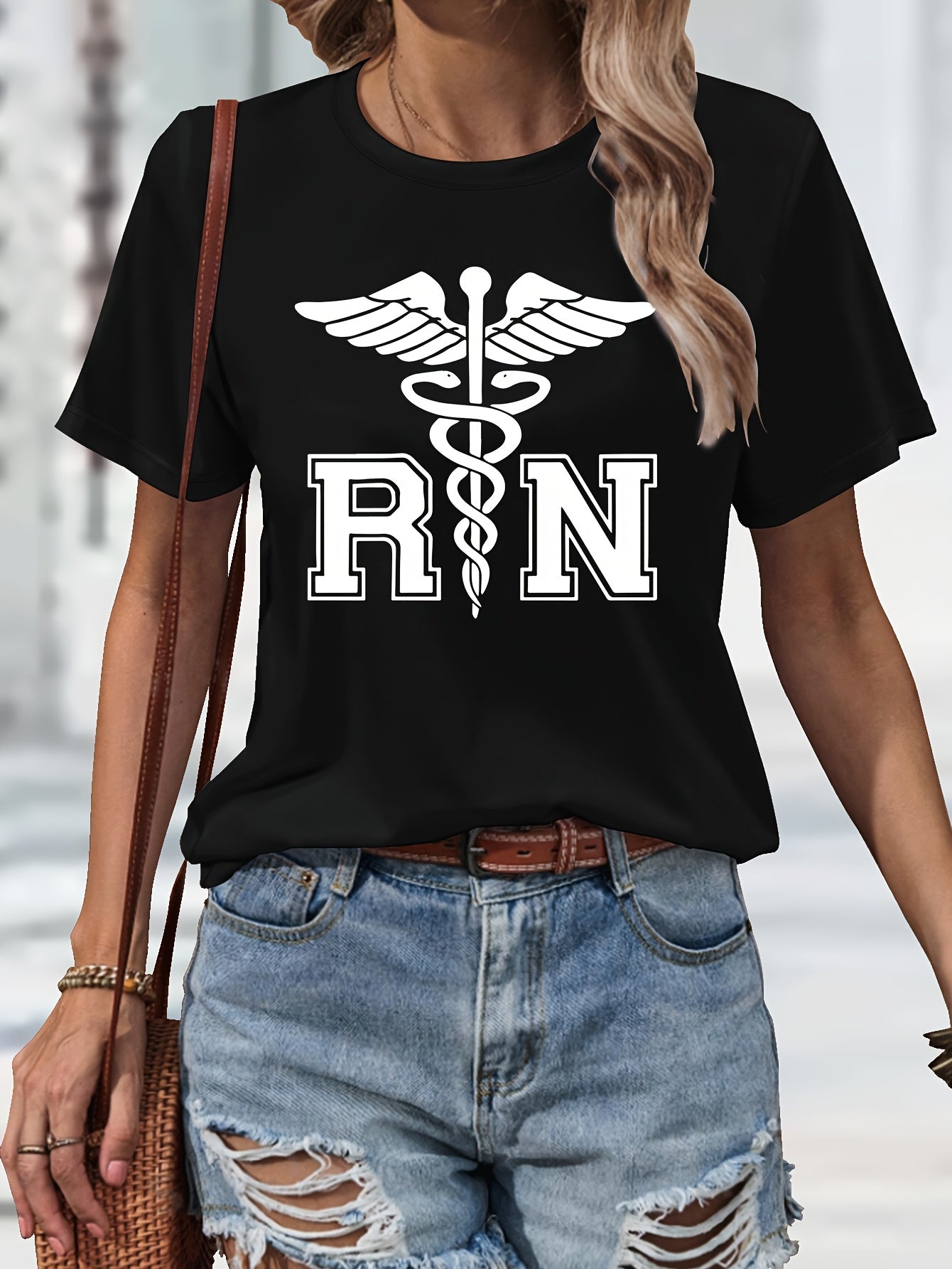 Women's Casual Nurse T-Shirt with RN Graphic - Black Short Sleeve, Round Neck, Machine Washable, Polyester Blend, Comfortable Casual Attire, Nurse Shirt