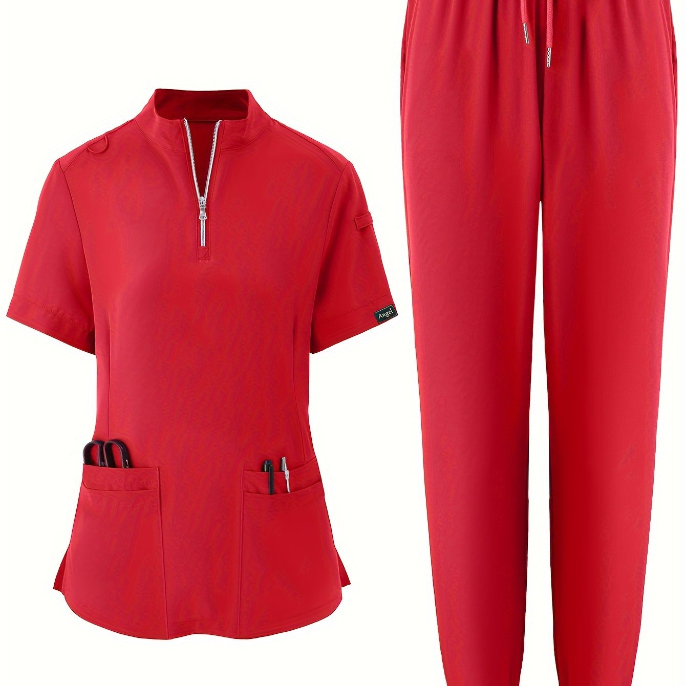 Solid Color Modern Scrub Set, Short Sleeve 2 Pockets Scrub Top + Drawstring Waist Scrub Bottoms, Breathable & Comfortable Health Care Uniform For Doctor, Nurse, Physician, Dentist, Women's Work Clothing