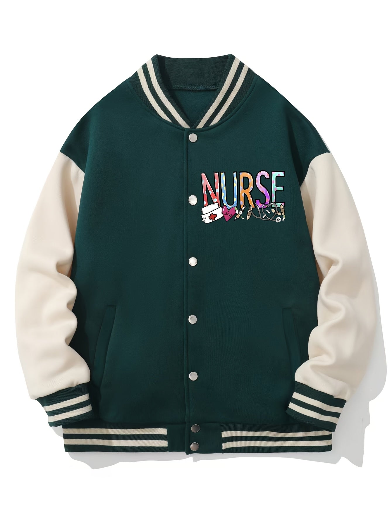 Women's "NURSE" Varsity Jacket - Colorful Lettering & Symbols, Casual Polyester, Button-Up with Striped Collar, Machine Washable