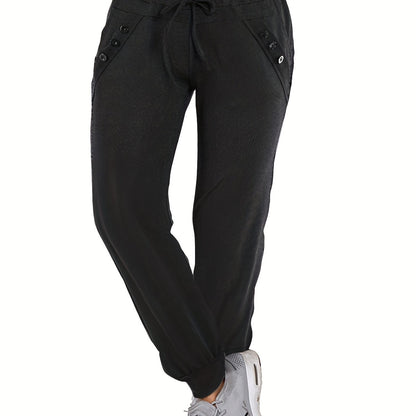 Long Length Solid Tie Waist Pants, Casual Jogger Pants With Pockets For All Season, Women's Clothing