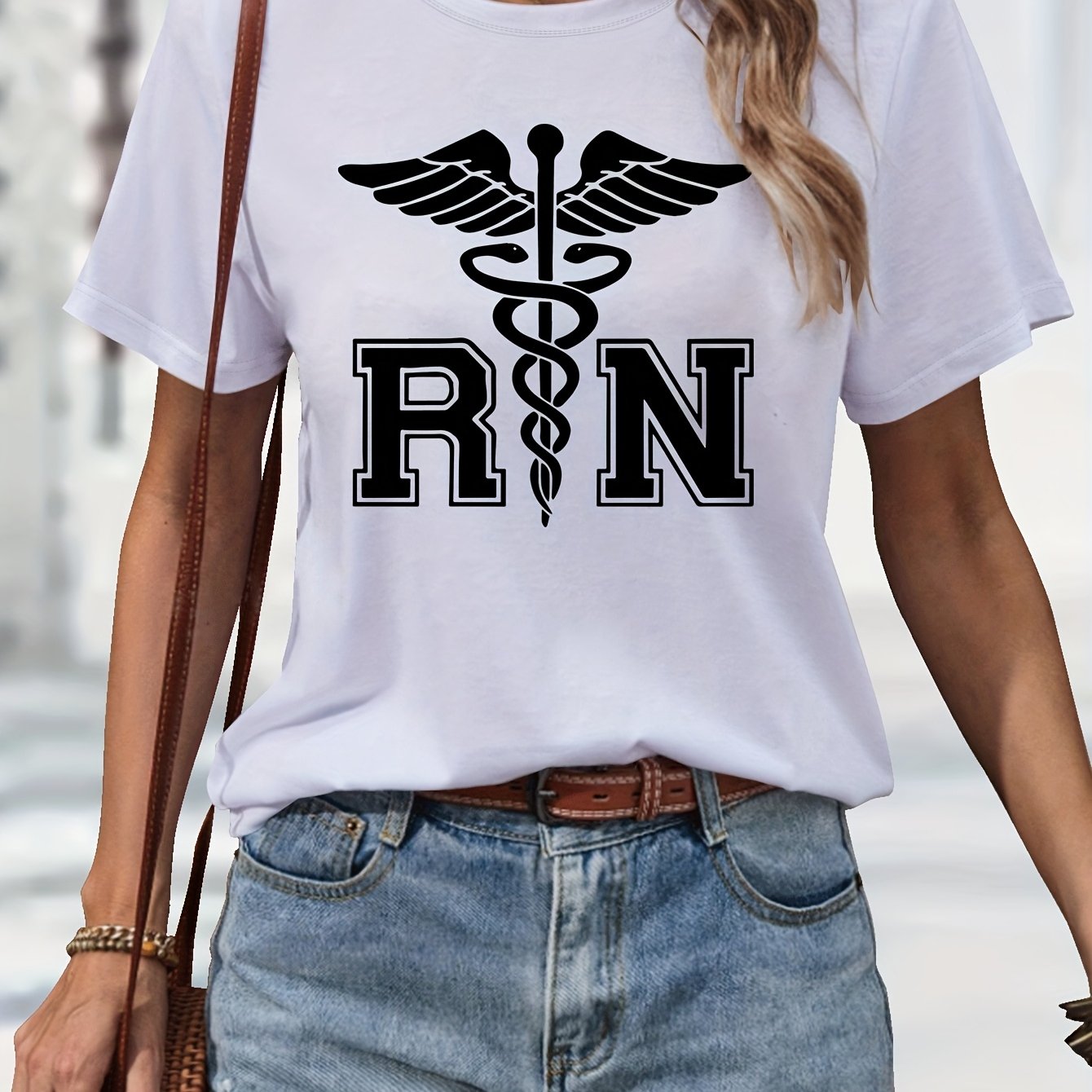 Women's Casual Nurse T-Shirt with RN Graphic - Black Short Sleeve, Round Neck, Machine Washable, Polyester Blend, Comfortable Casual Attire, Nurse Shirt