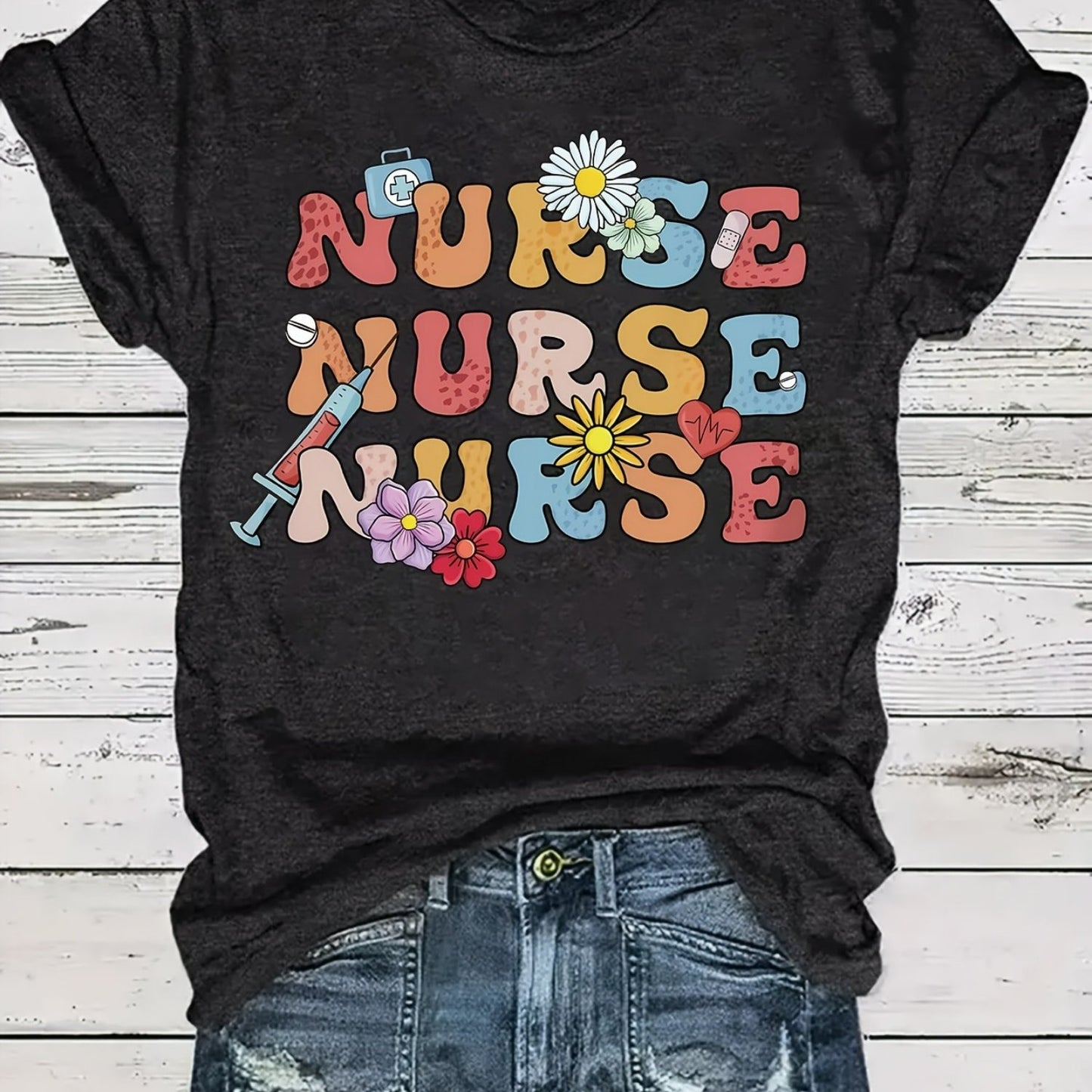 Women'S Nurse-Themed T-Shirt with Letter, Needle, and Flower Print, Short Sleeve Round Neck Casual Top for Spring and Summer, Polyester, Leisure Style, ALL/Global/All