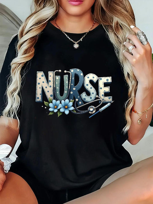Casual Nurse Graphic T-Shirt - Short Sleeve, Round Neck, Stretchy, Machine Washable - Ideal for Spring/Summer/Fall