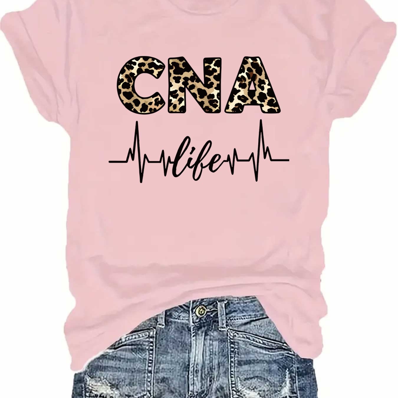 Women'S Casual CNA Graphic Tee - Red Crew Neck T-Shirt with Leopard Print "CNA" Design & Heartbeat Line, All-Season Fashion, Casual Wear|Leopard Print Top|Comfortable Fit, Nurses Shirt