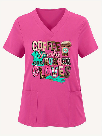 Coffee Letter Print V Neck Scrub Tops with Split, Elegant Patched Pockets Short Sleeve Nurse Uniform, Women's Clothing