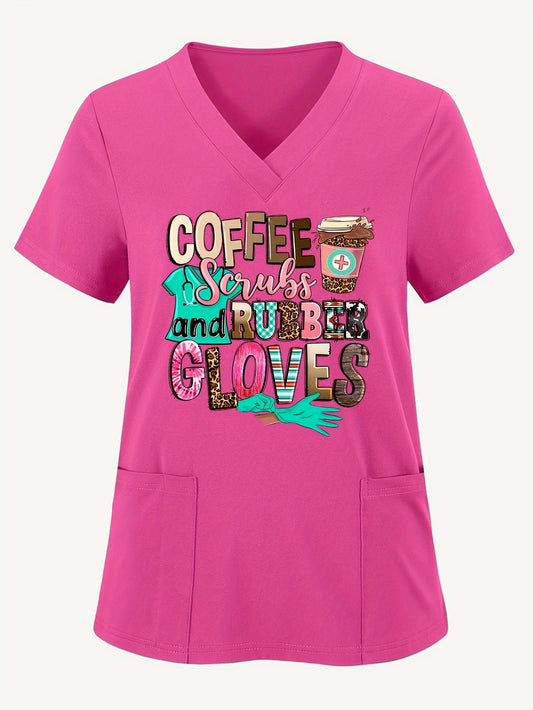 Coffee Letter Print V Neck Scrub Tops with Split, Elegant Patched Pockets Short Sleeve Nurse Uniform, Women's Clothing