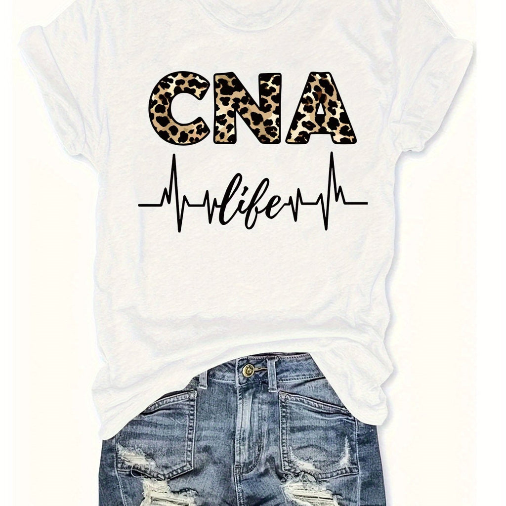 Women'S Casual CNA Graphic Tee - Red Crew Neck T-Shirt with Leopard Print "CNA" Design & Heartbeat Line, All-Season Fashion, Casual Wear|Leopard Print Top|Comfortable Fit, Nurses Shirt