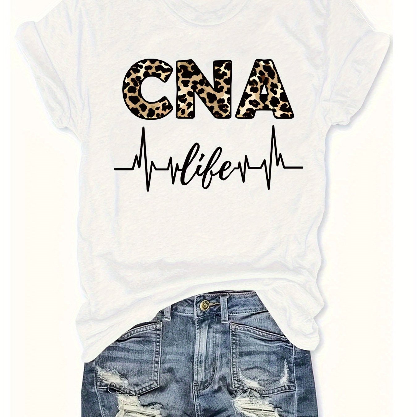 Women'S Casual CNA Graphic Tee - Red Crew Neck T-Shirt with Leopard Print "CNA" Design & Heartbeat Line, All-Season Fashion, Casual Wear|Leopard Print Top|Comfortable Fit, Nurses Shirt