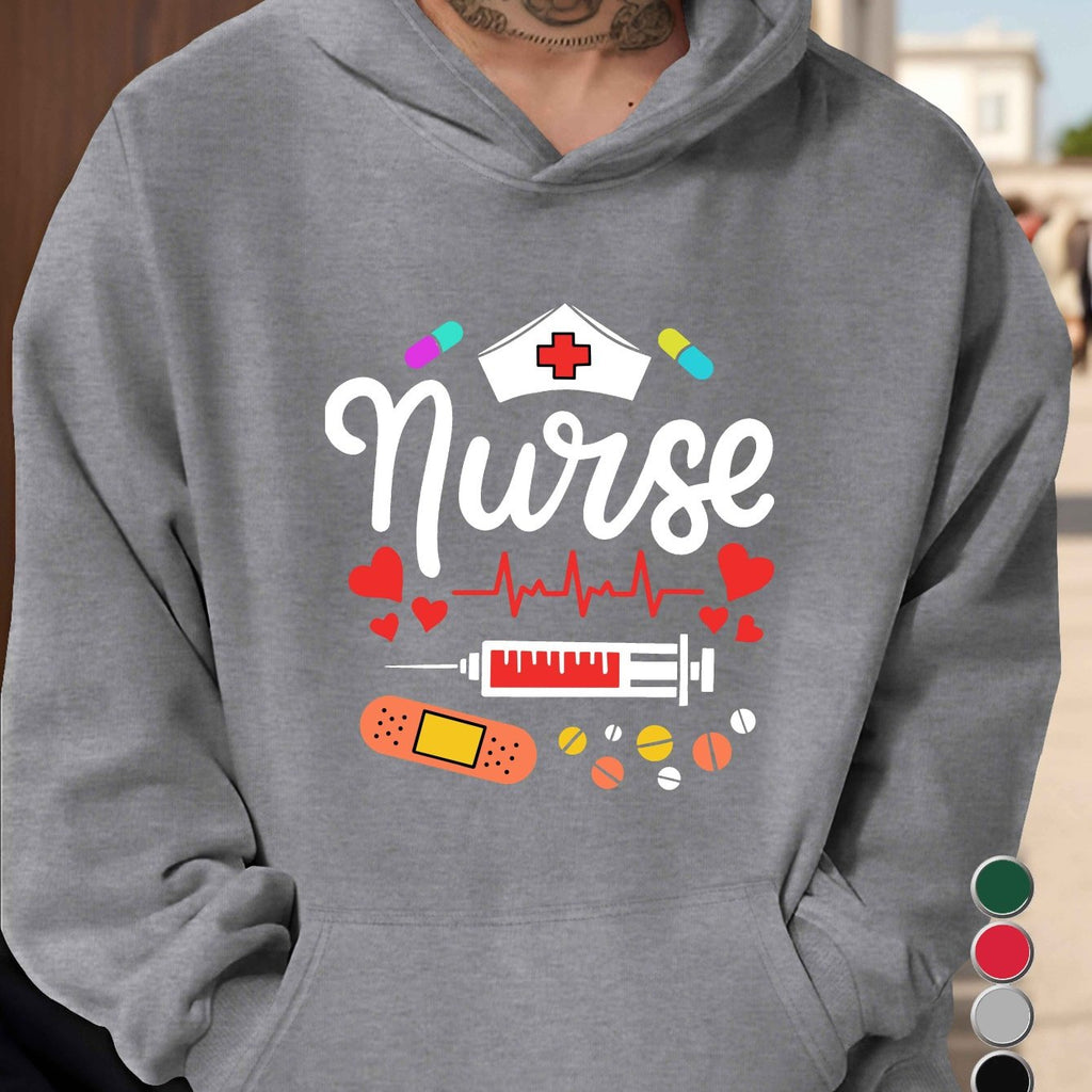 [1pc Plus Size Nurse Sweatshirt] [1pc Nurse Print Hooded Sweatshirt] 1pc Plus Size Men'S Casual Nurse Print Hooded Sweatshirt, 100% Polyester, Relaxed Fit, Non-Stretch, 250g/m² Knit Fabric, Printed Design