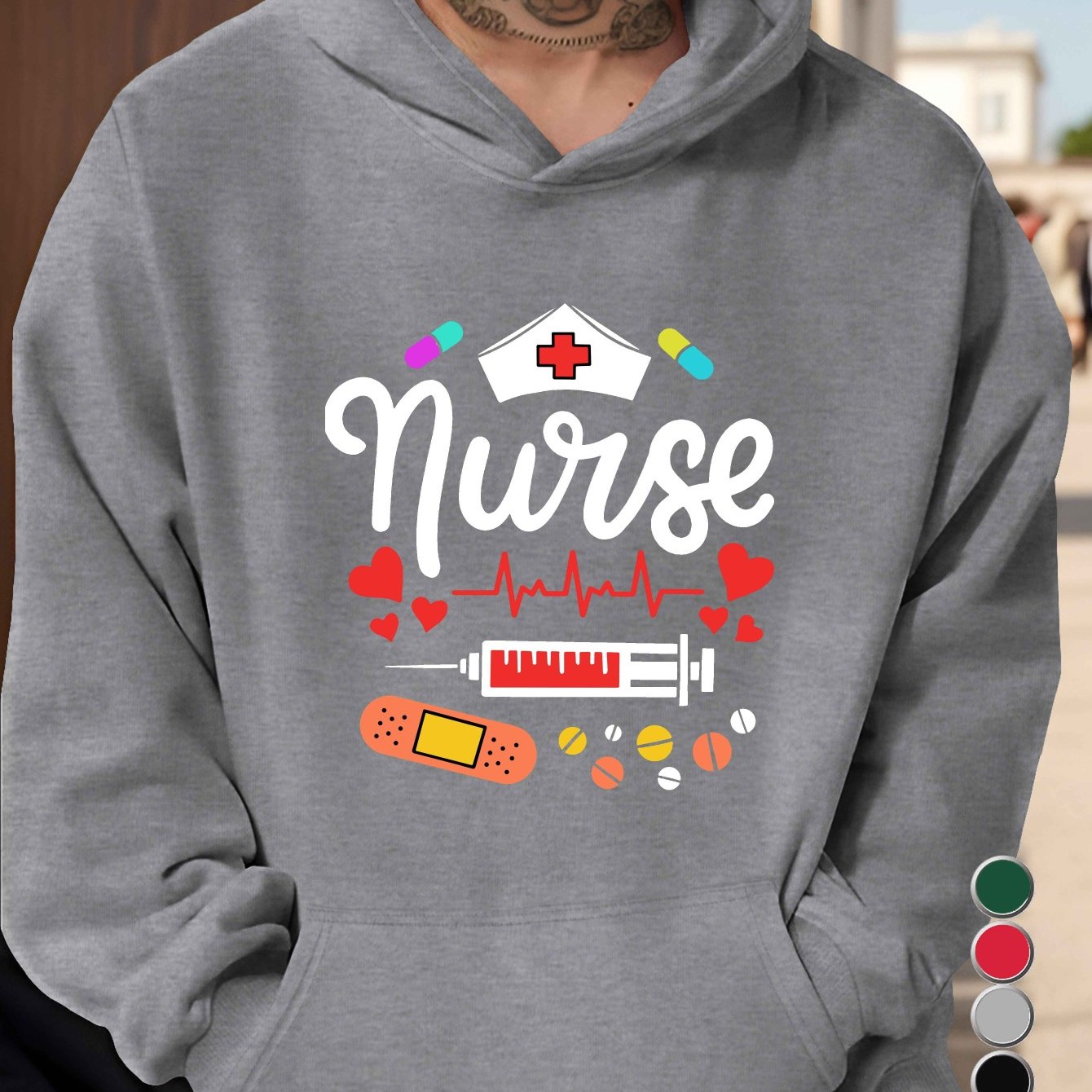 [1pc Plus Size Nurse Sweatshirt] [1pc Nurse Print Hooded Sweatshirt] 1pc Plus Size Men'S Casual Nurse Print Hooded Sweatshirt, 100% Polyester, Relaxed Fit, Non-Stretch, 250g/m² Knit Fabric, Printed Design