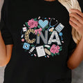 Women's CNA Medical Graphic T-Shirt - Casual Round Neck Short Sleeve Tee with Stethoscope, Rx, and Medical-Themed Print, Black, Everyday Apparel | Short Sleeve Shirt | Fabric