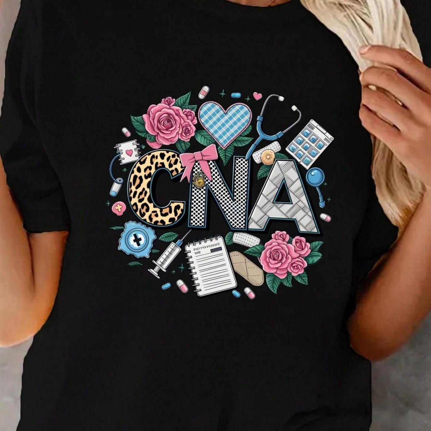 Women's CNA Medical Graphic T-Shirt - Casual Round Neck Short Sleeve Tee with Stethoscope, Rx, and Medical-Themed Print, Black, Everyday Apparel | Short Sleeve Shirt | Fabric