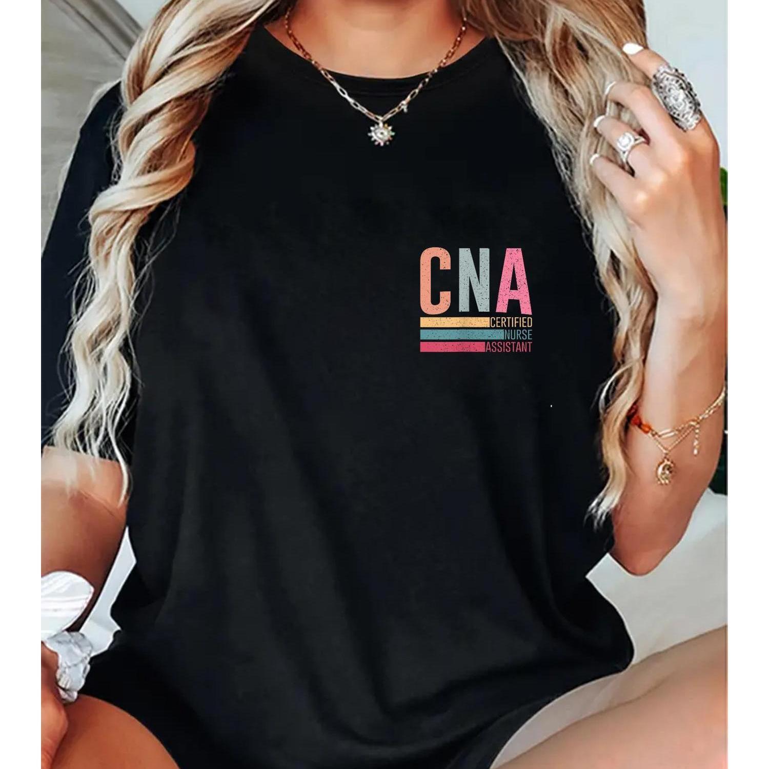 Women's Vintage-Inspired CNA T-Shirt - Soft, Short Sleeve, Round Neck, Black with Colorful Striped Lettering - Perfect Gift for Nursing Assistants & Healthcare Professionals, Nurse Gifts