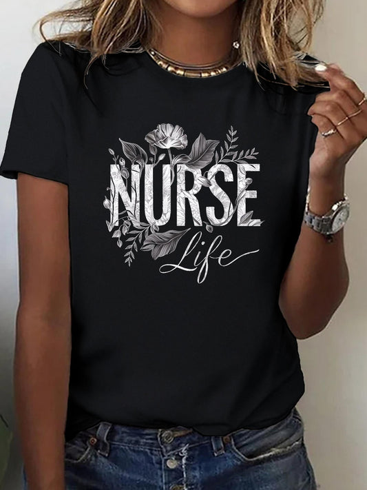 180g Women'S T-Shirt - Nurse Life Geometric Print, Casual Sporty Style, Short Sleeve Round Neck Top, Comfortable All-Season Tee, Perfect Gift for Nurses or Casual Attire, Nurse Accessories for Work, Best for Christmas
