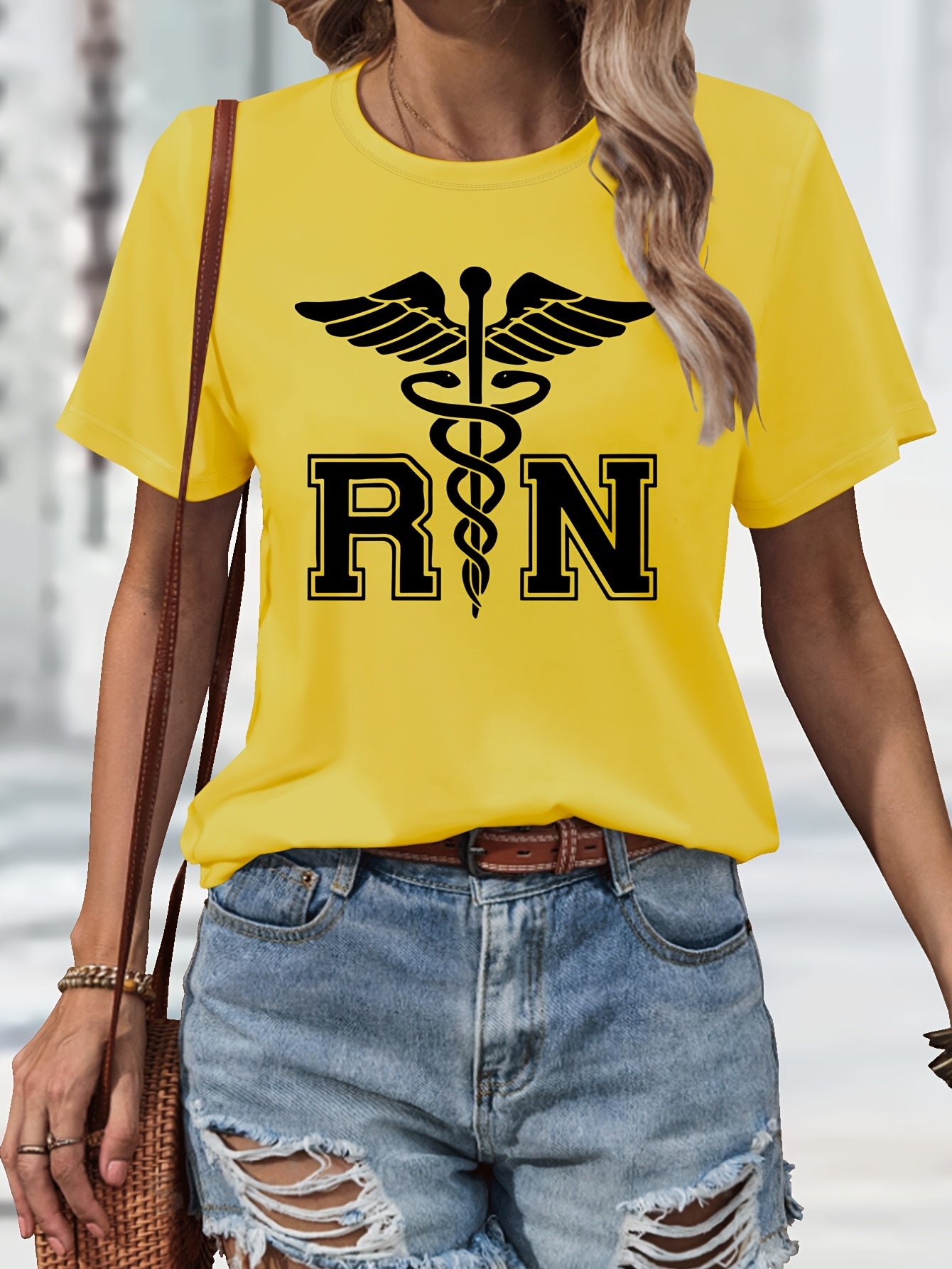 Women's Casual Nurse T-Shirt with RN Graphic - Black Short Sleeve, Round Neck, Machine Washable, Polyester Blend, Comfortable Casual Attire, Nurse Shirt