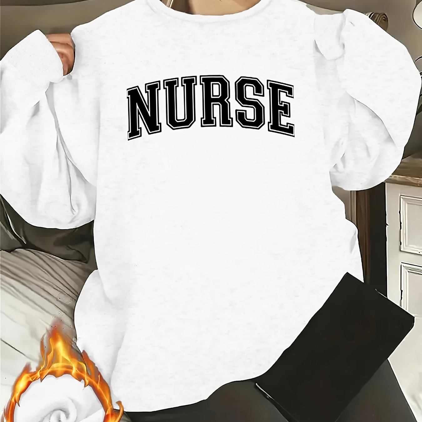 [Relaxed Fit] Women's "NURSE" Letter Print Crew Neck Sweatshirt - Cozy Long Sleeve Pullover, Casual Loose Fit, Perfect for Fall/Winter, Machine Washable, Polyester, Casual Wear|Casual Style|Machine Washable Garment