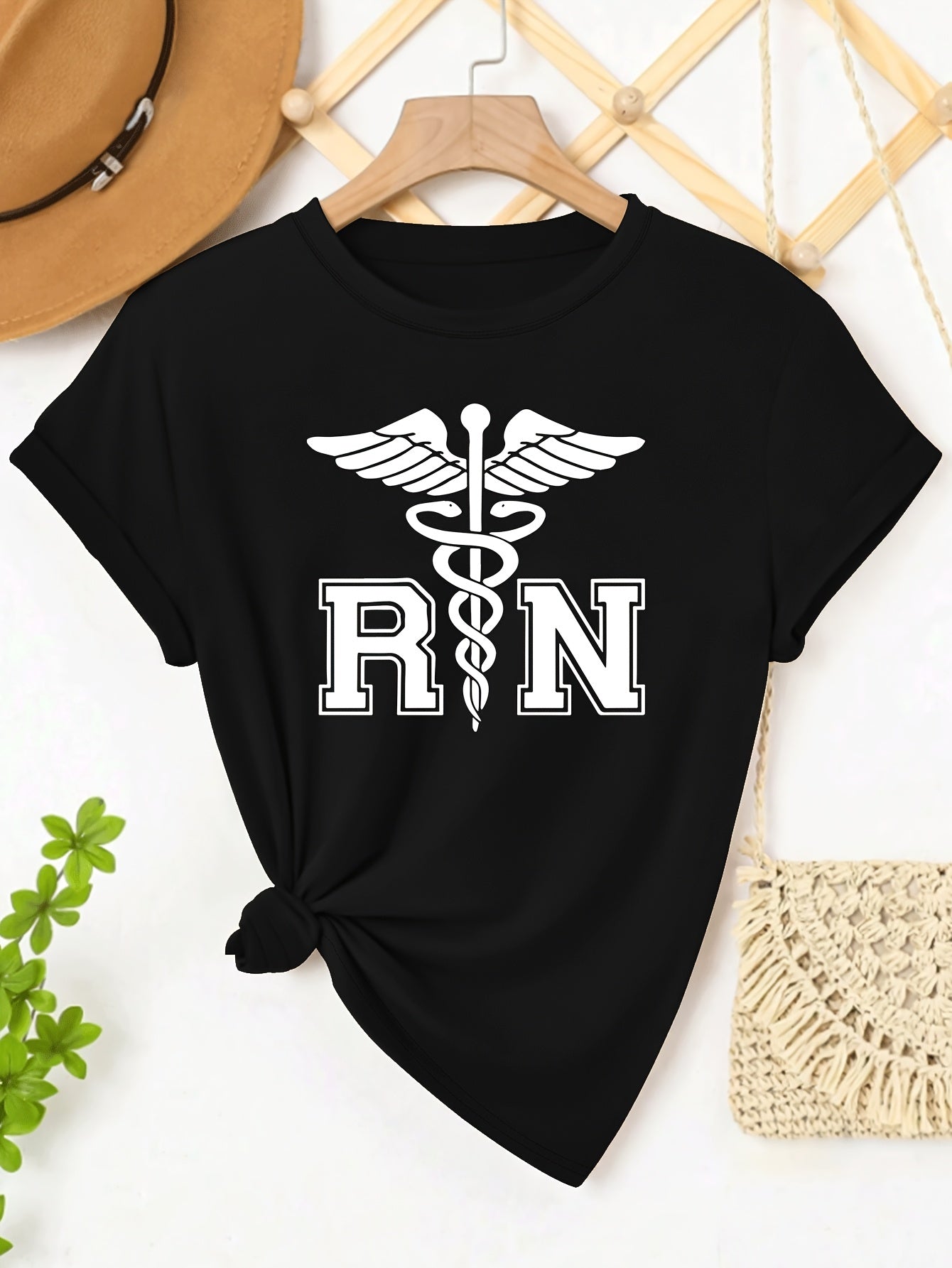 Women's Casual Nurse T-Shirt with RN Graphic - Black Short Sleeve, Round Neck, Machine Washable, Polyester Blend, Comfortable Casual Attire, Nurse Shirt