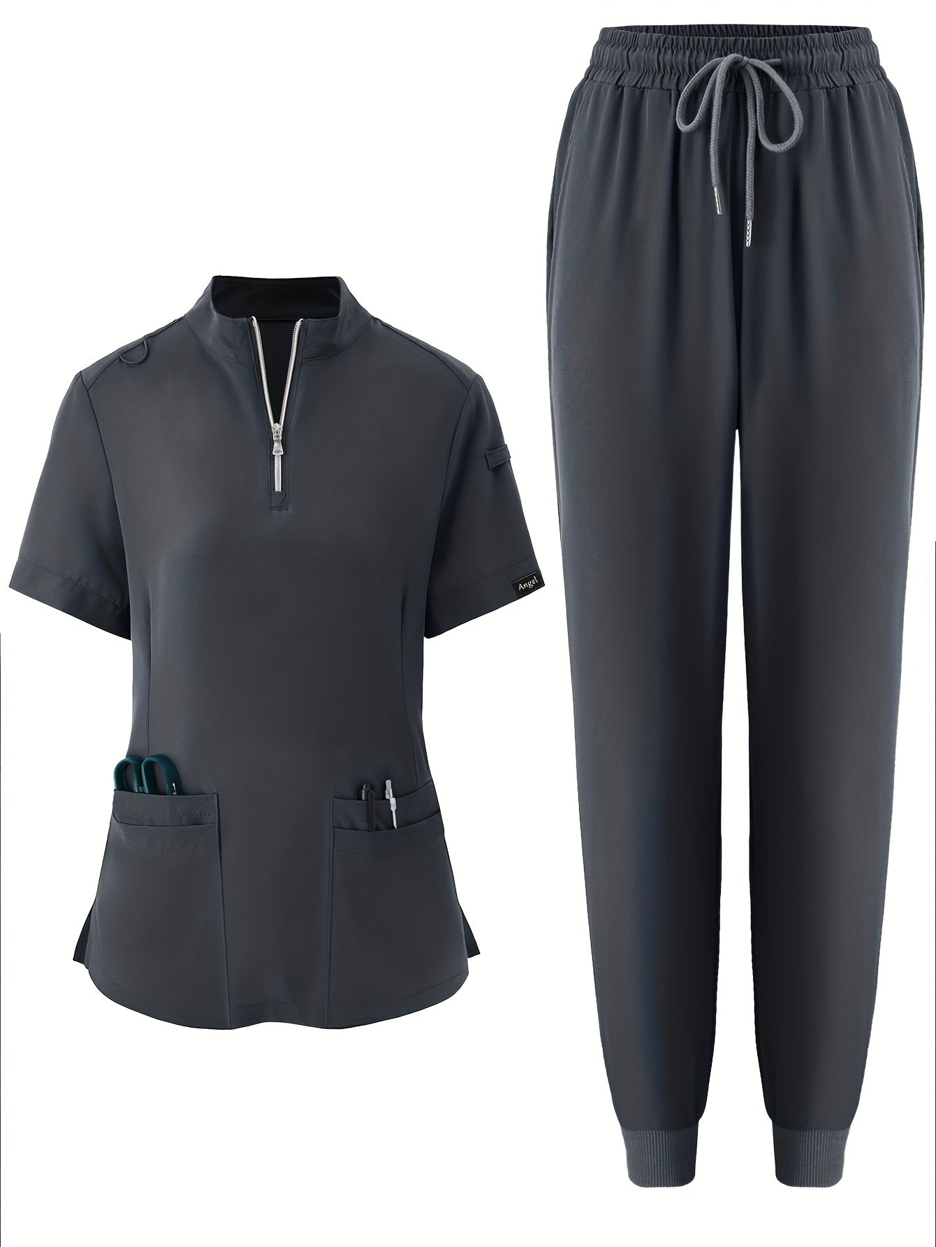 Solid Color Modern Scrub Set, Short Sleeve 2 Pockets Scrub Top + Drawstring Waist Scrub Bottoms, Breathable & Comfortable Health Care Uniform For Doctor, Nurse, Physician, Dentist, Women's Work Clothing